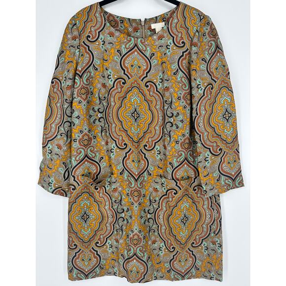 EUC J.Crew Collection Shift Dress Sz 6 100% Silk Ratti Gold Paisley Pockets - Picture 2 of 9